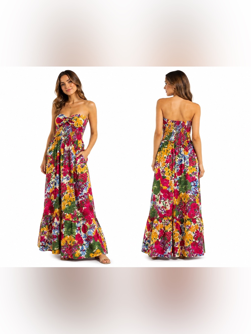 VICI Small Floral Strapless Twist Front Smocked Maxi Dress Resort Boho